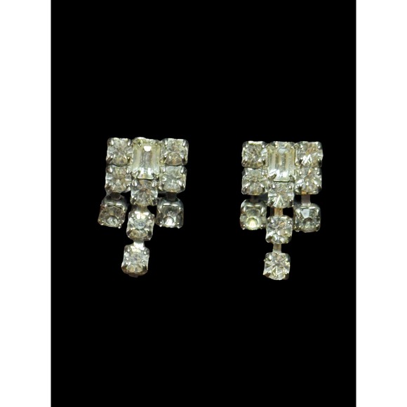 Jewelry - Vintage Rhinestone Screw Back Earrings Silver Tone Dangle 1950s